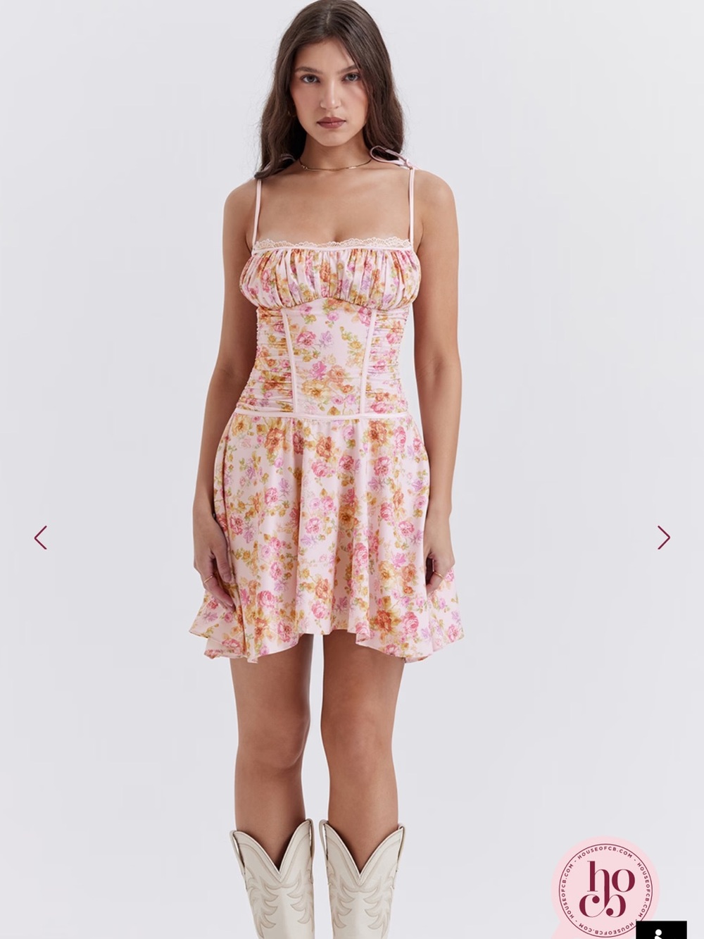 House of CB Pink Floral Ruched Sweetheart Mini Dress